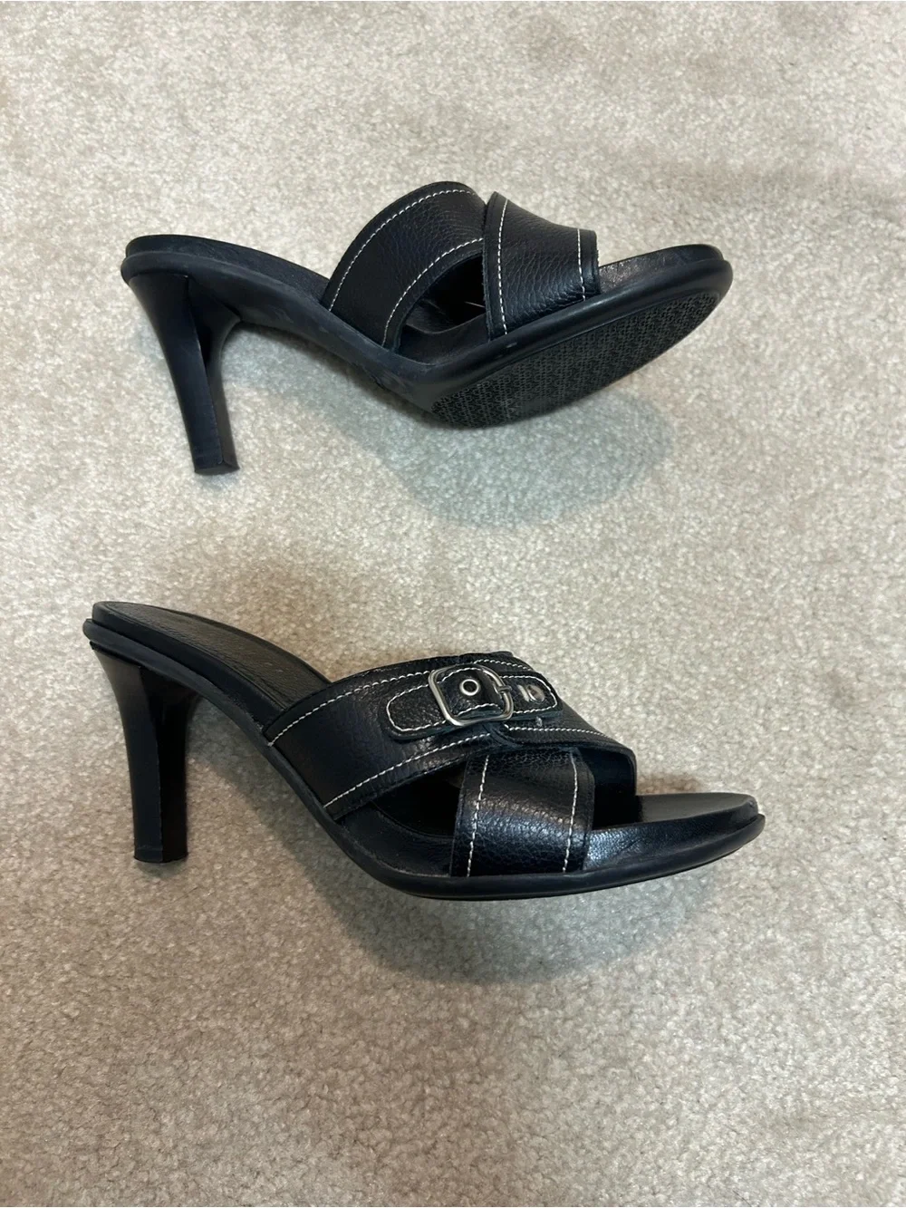COACH Women’s Black Leather Slide Heels with Silver Buckle Accent. Size 8. $65